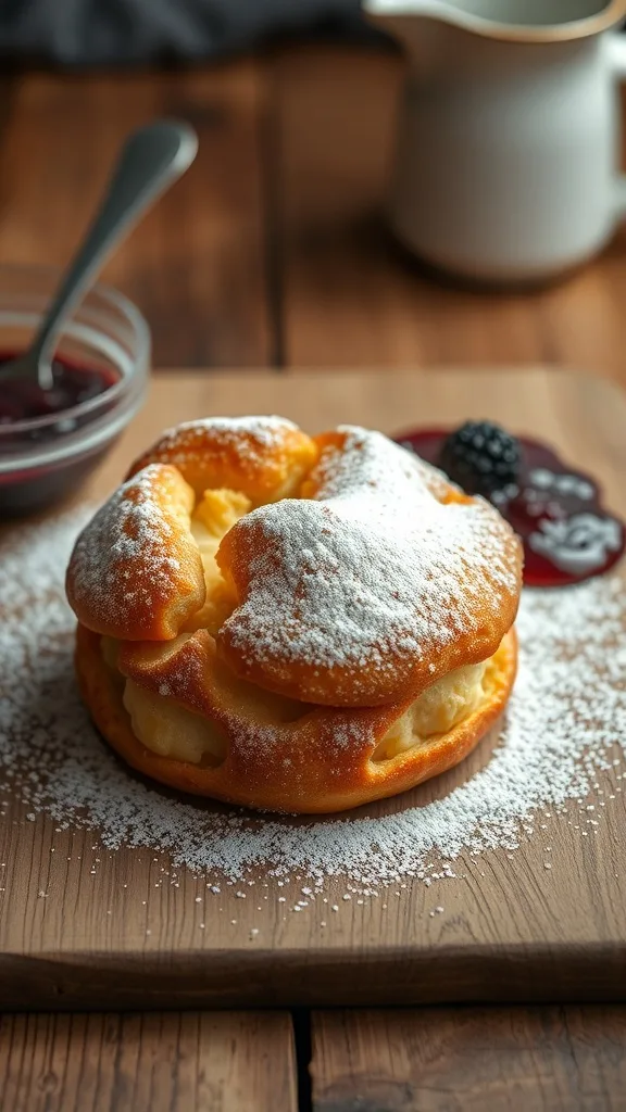 A freshly baked cruffin dusted with powdered sugar, served with berry jam.