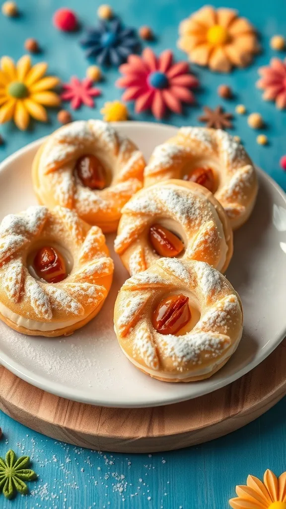 A plate of Paris-Brest pastries topped with powdered sugar and almonds, surrounded by colorful flowers.