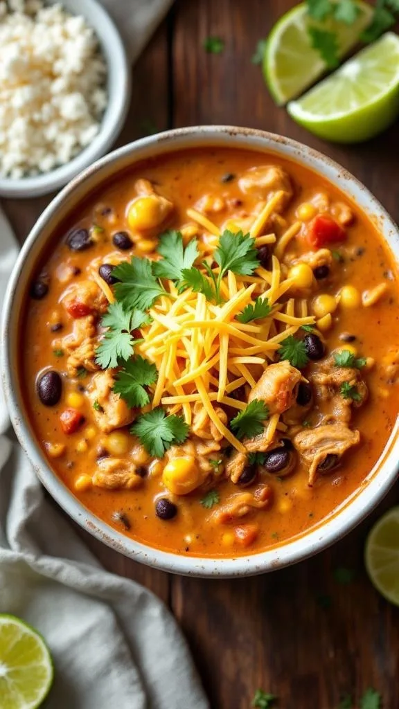 Creamy Chicken Enchilada Soup Recipe A bowl of creamy chicken enchilada soup with cheese and cilantro, served with lime wedges on a wooden table.