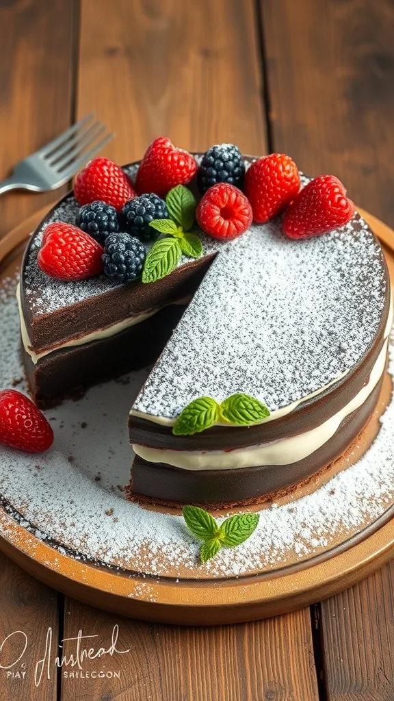 A delicious Torta Caprese, a flourless chocolate cake, topped with fresh berries and mint leaves.
