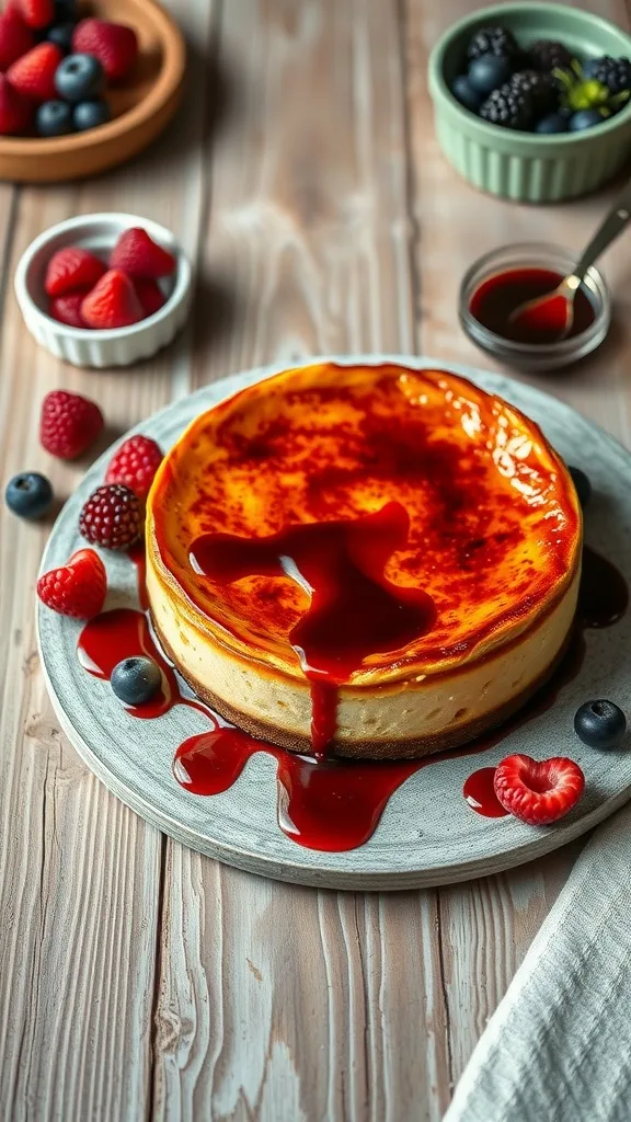 A beautifully baked Basque Burnt Cheesecake with a caramelized top, surrounded by fresh berries.