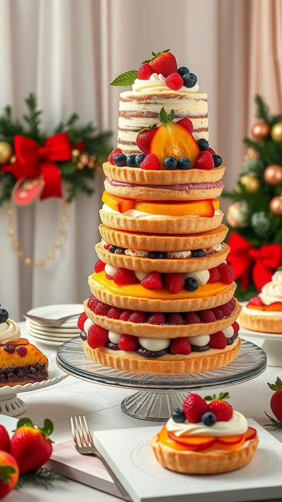 A tall dessert tower featuring layers of cake and pie, decorated with fresh fruits and cream.