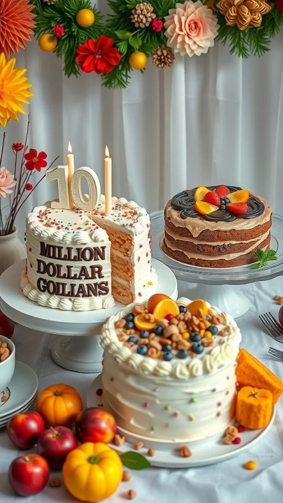 A festive display of Million-Dollar and Dump Cakes with colorful decorations and fruits.