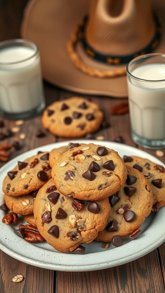 A plate of cowboy cookies with chocolate chips and oats, accompanied by glasses of milk and a cowboy hat.