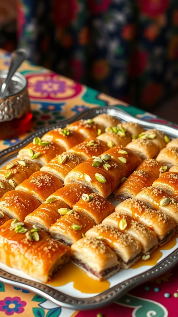 A platter of baklava and Middle Eastern sweet rolls, drizzled with syrup and topped with crushed pistachios.