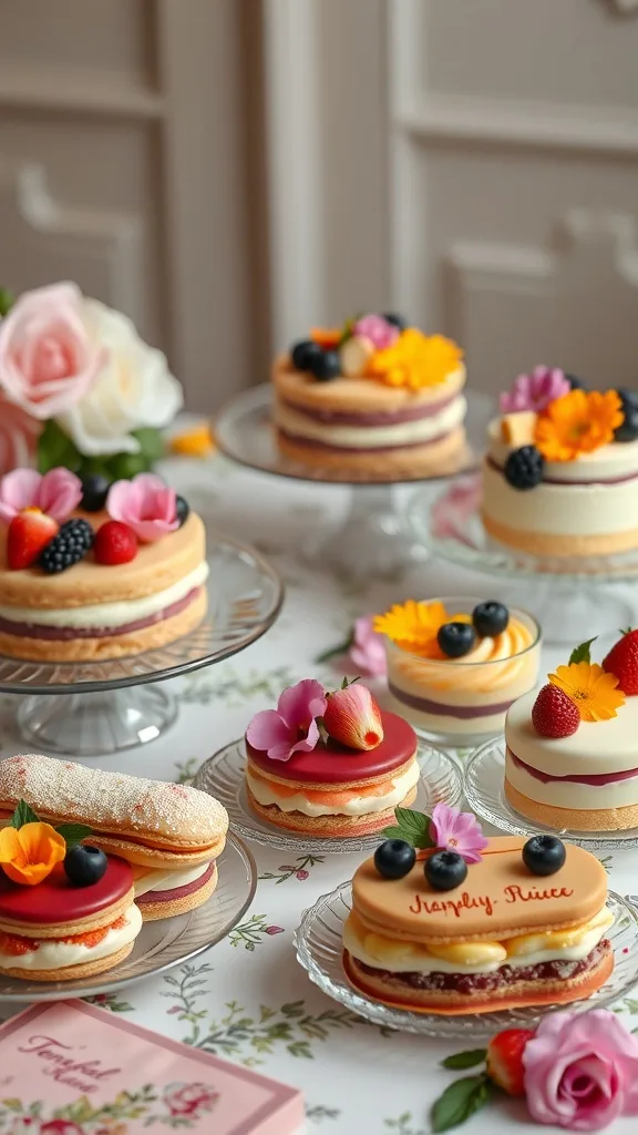 An assortment of layered éclairs, verrines, and entremets decorated with fruits and flowers.