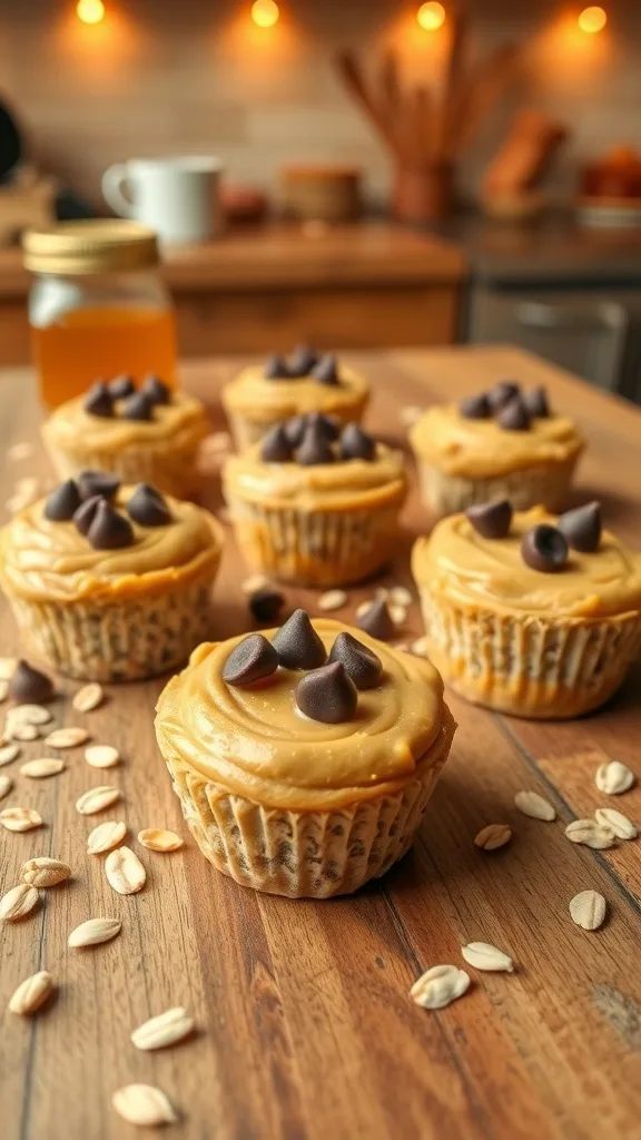 No-bake peanut butter oat cups with chocolate chips on a wooden table, surrounded by oats and honey.