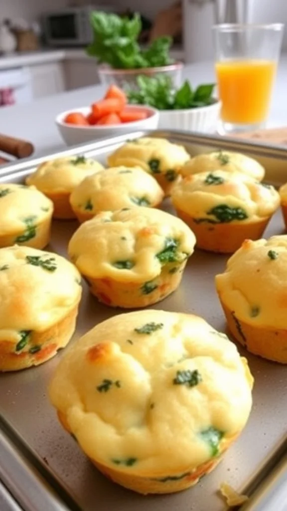 A tray of golden cottage cheese egg muffins with spinach, garnished with herbs, on a bright kitchen counter.