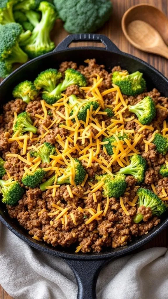 Keto Hamburger Broccoli Skillet Recipe A delicious Keto Hamburger Broccoli Skillet with ground beef, broccoli, and melted cheese in an oven-safe skillet.