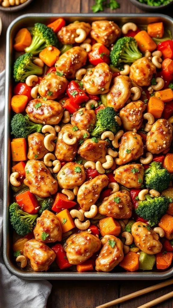 Sheet pan cashew chicken with vegetables and cashews, garnished with green onions, on a wooden table.