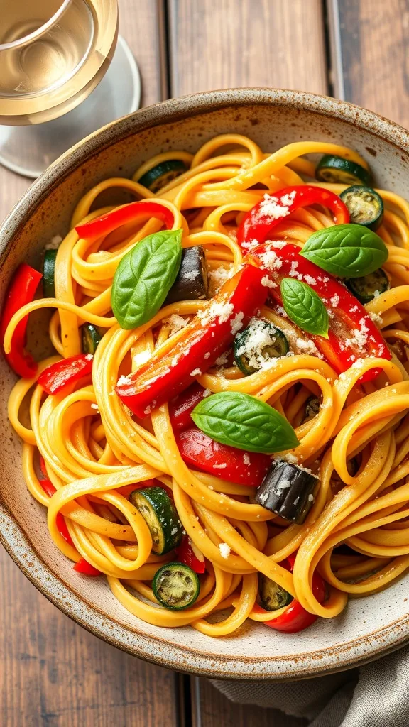 Italian Drunken Noodles Recipe A plate of Italian drunken noodles with vegetables and basil, served with a glass of white wine.