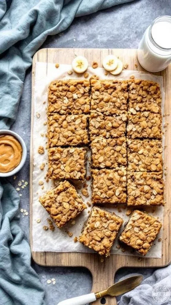 Healthy Banana Oatmeal Bars cut into squares on a cutting board with oats and banana slices.