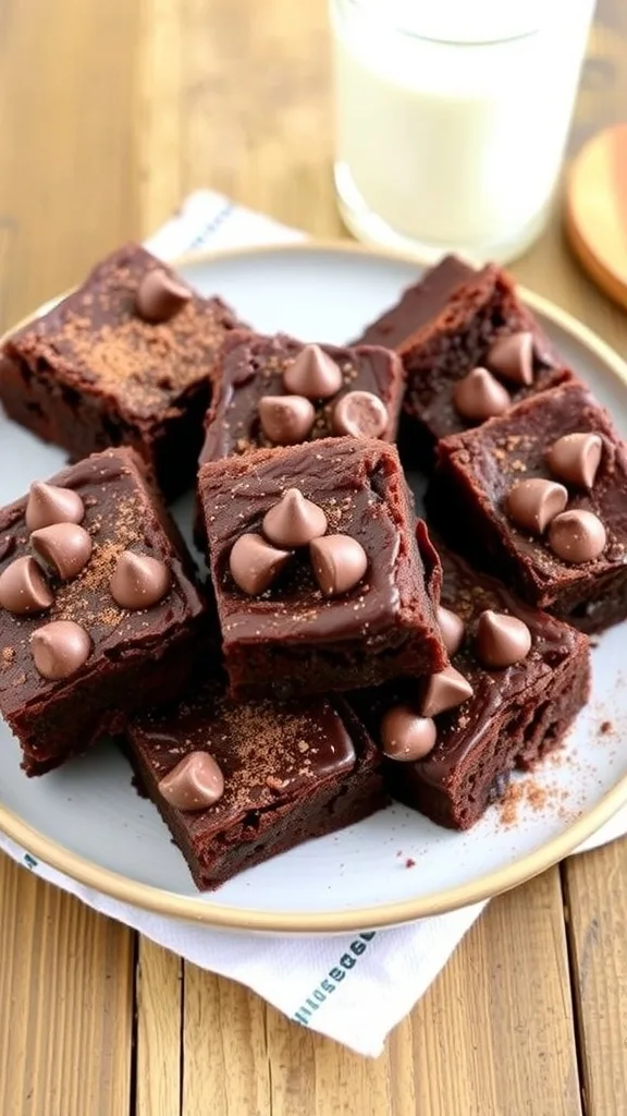 Fudgy flourless Greek yogurt brownies on a plate, garnished with chocolate chips, on a rustic table.
