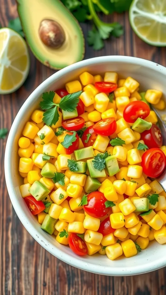 A refreshing corn salad with avocado, tomatoes, and cilantro in a bowl on a wooden table.