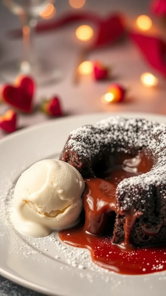 Molten lava cake with chocolate center, served with vanilla ice cream, in a romantic setting.