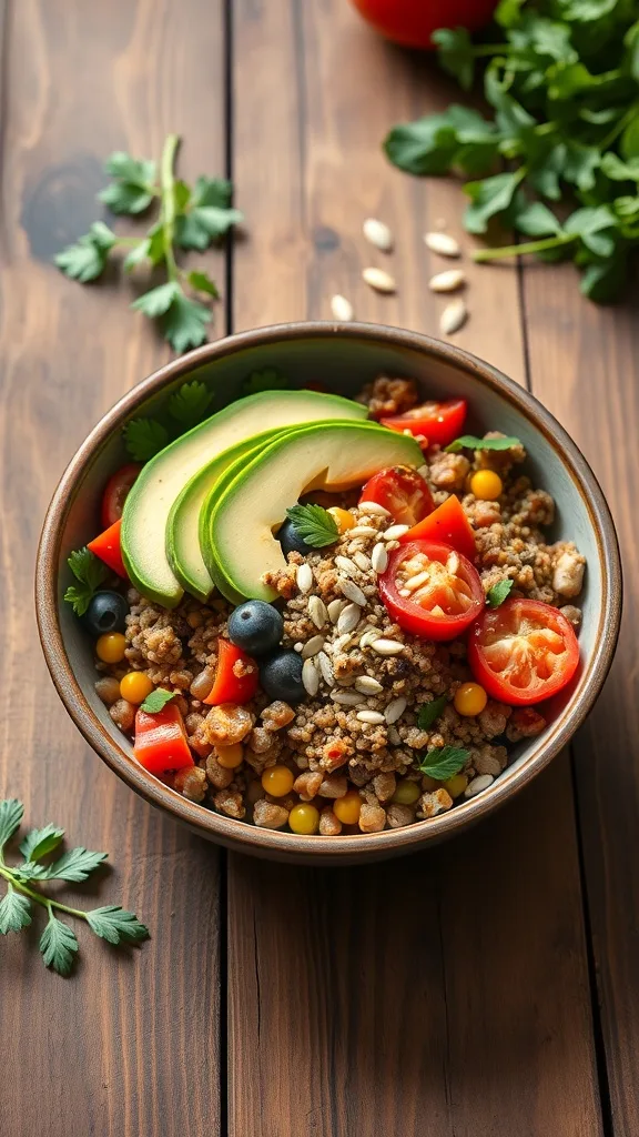 A colorful Lentil & Quinoa Power Bowl with avocado, cherry tomatoes, and sunflower seeds.