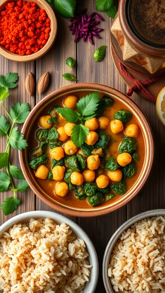 A bowl of chickpea and spinach curry surrounded by rice and spices.