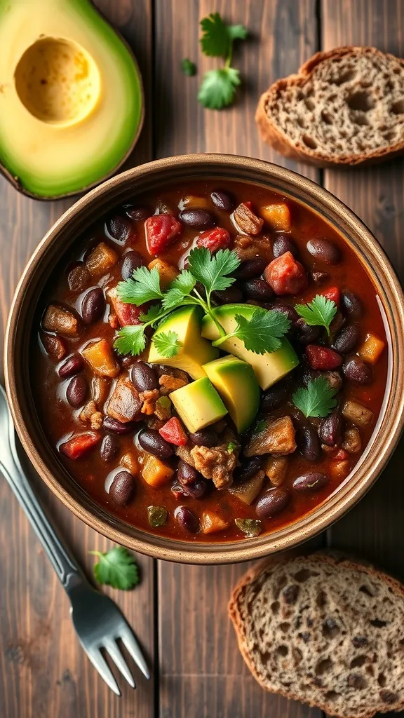 A bowl of Black Bean & Turkey Chili topped with avocado and cilantro, served with rustic bread.