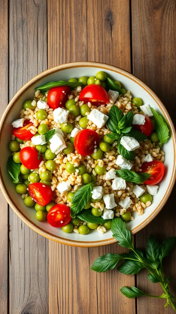 A bowl of Edamame & Farro Salad with cherry tomatoes, feta cheese, and fresh basil on a wooden table.