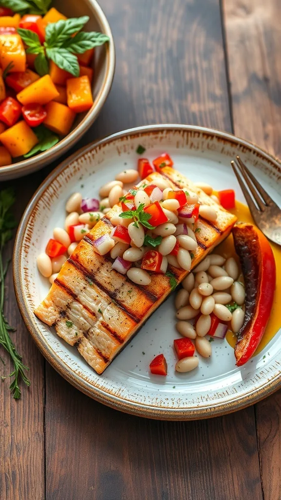 A plate of grilled salmon topped with white bean salsa, served with a side salad.