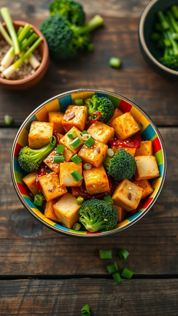 A colorful bowl of tofu and broccoli stir fry with sesame seeds and green onions on a wooden table.