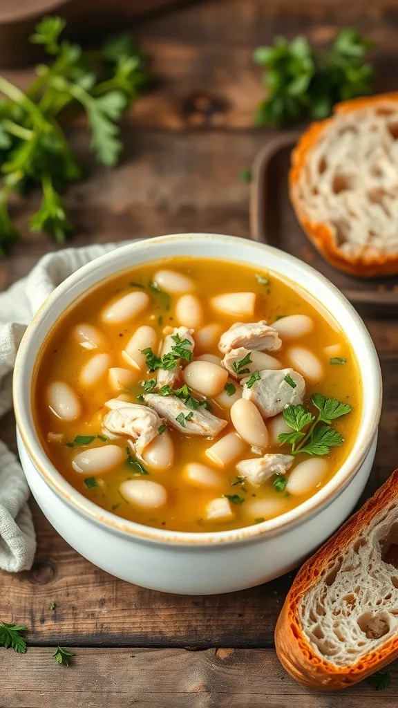 A bowl of Chicken & White Bean Soup with fresh parsley and a slice of bread on the side.