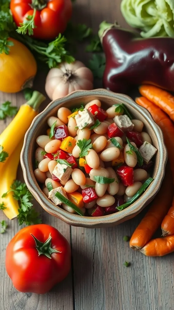 A colorful bowl of Tuna & Cannellini Bean Salad surrounded by fresh vegetables.