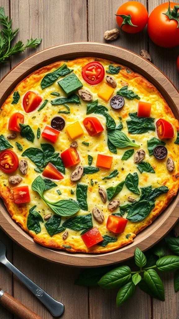 A colorful egg white veggie frittata with spinach, tomatoes, and bell peppers on a wooden table.
