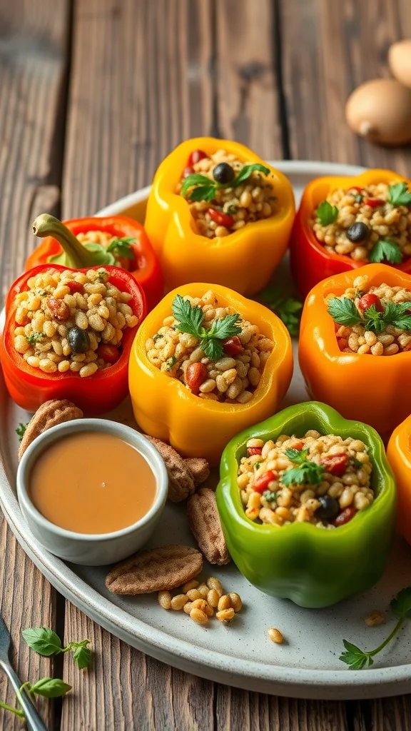 Colorful stuffed peppers filled with barley and vegetables on a plate with sauce.