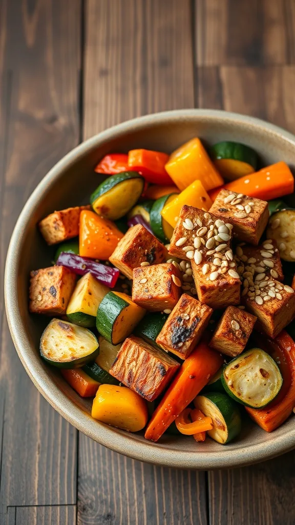A bowl filled with seared tempeh and a colorful mix of roasted vegetables