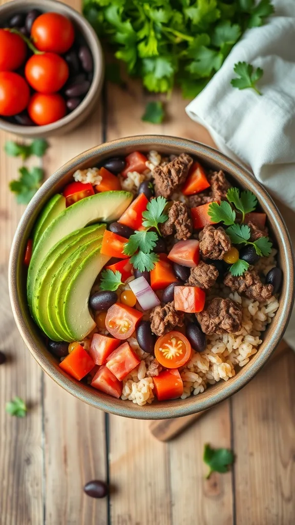 A colorful Beef & Bean Burrito Bowl with rice, black beans, diced tomatoes, avocado slices, and cilantro.