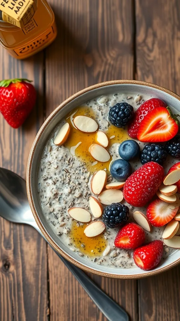 A bowl of chia seed overnight oats topped with strawberries, blueberries, blackberries, and sliced almonds, with a drizzle of honey.
