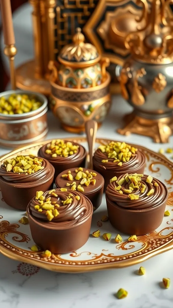 A plate of Dubai-style pistachio chocolate desserts, beautifully arranged with chopped pistachios on top.