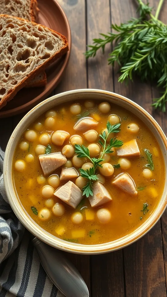 A bowl of split pea and turkey soup with chunks of turkey and herbs, served with slices of bread.