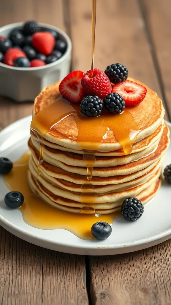 Stack of cottage cheese and flaxseed pancakes topped with fresh berries and syrup