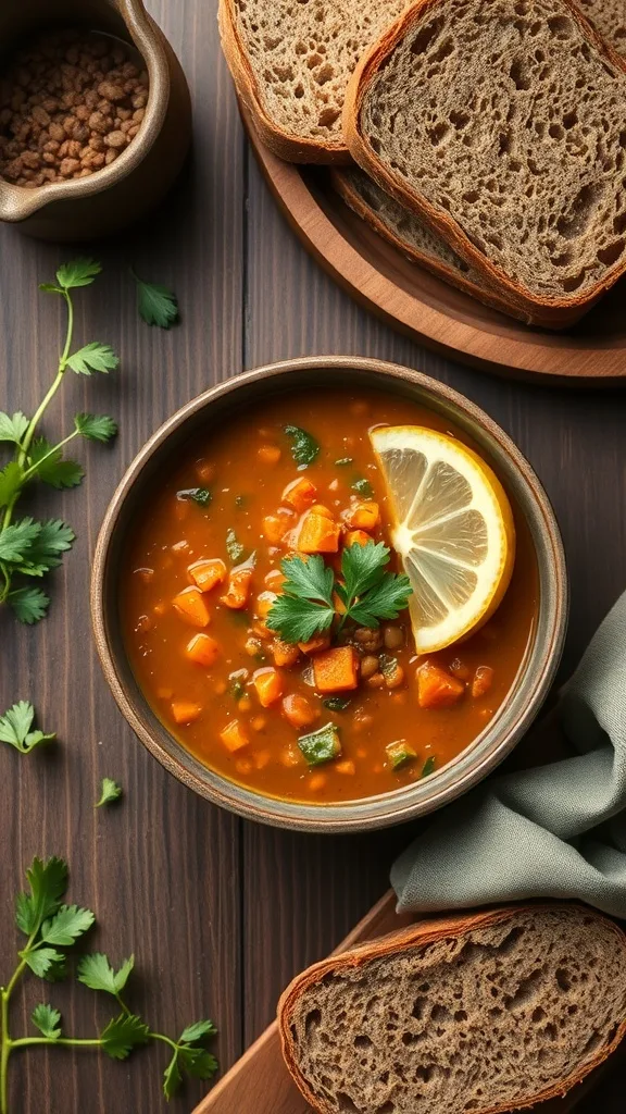 A bowl of Moroccan lentil and carrot soup garnished with cilantro and a lemon slice, accompanied by slices of whole grain bread.