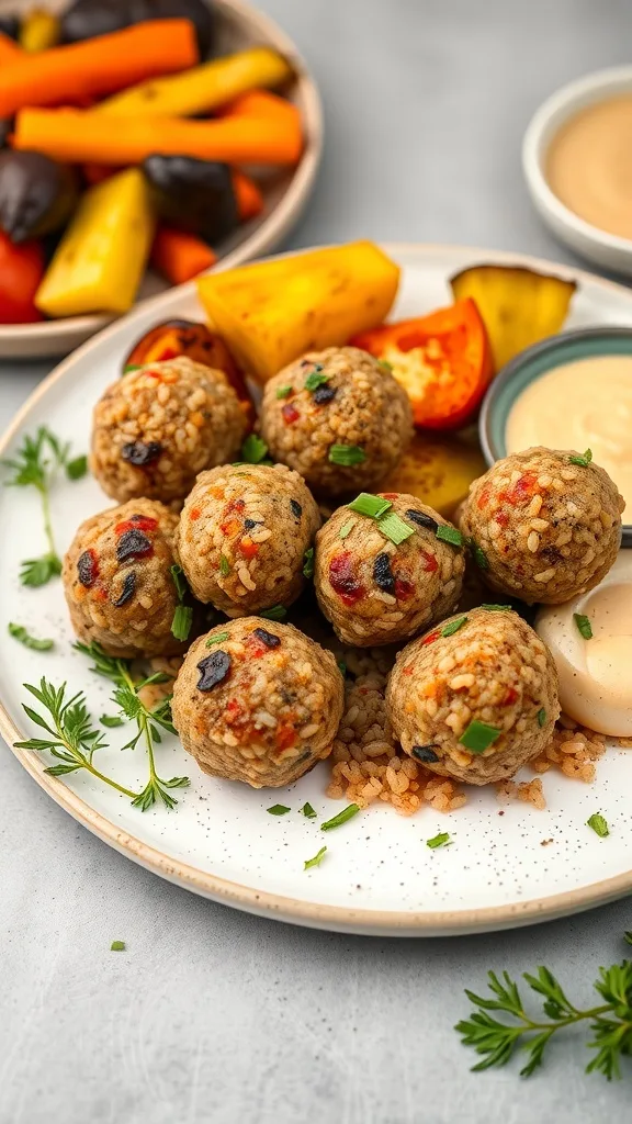 A plate of quinoa and turkey meatballs served with colorful roasted vegetables.
