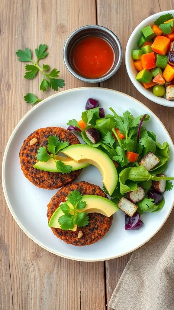 Sweet Potato Black Bean Burgers with avocado and salad on a plate