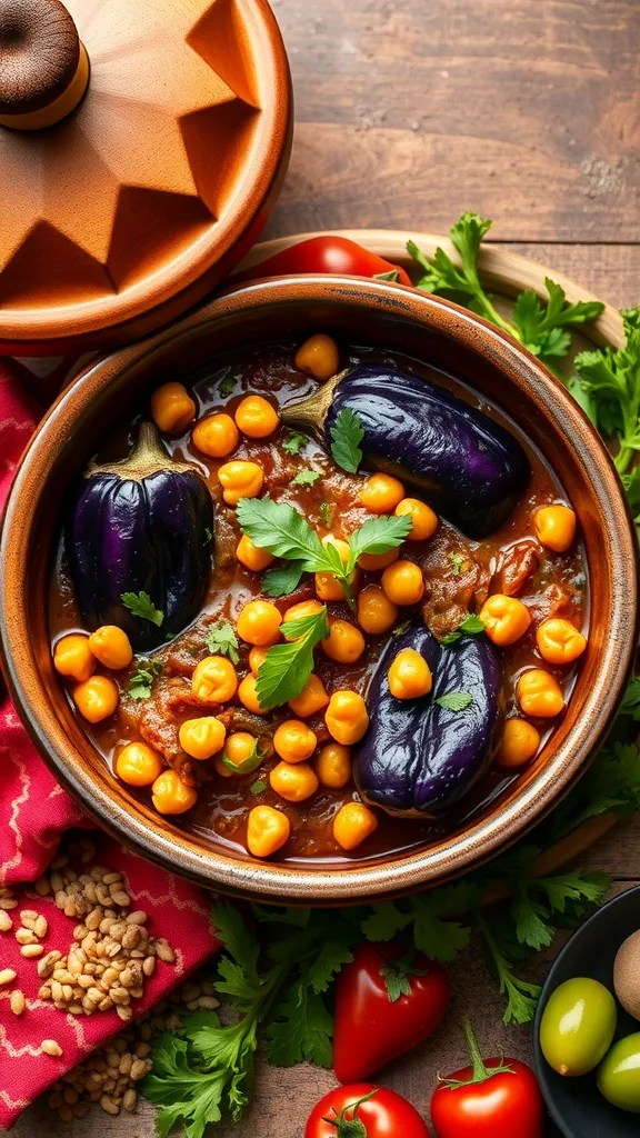 A colorful bowl of Eggplant & Chickpea Tagine with chickpeas, eggplant, and fresh herbs.