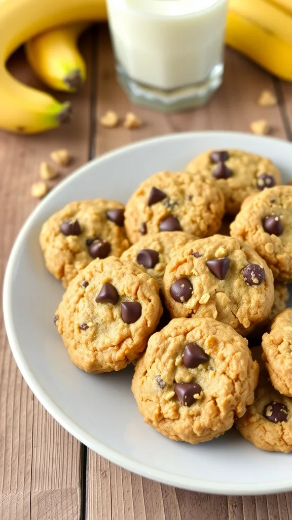 A plate of chewy banana oatmeal cookies with chocolate chips, surrounded by bananas and a glass of milk.