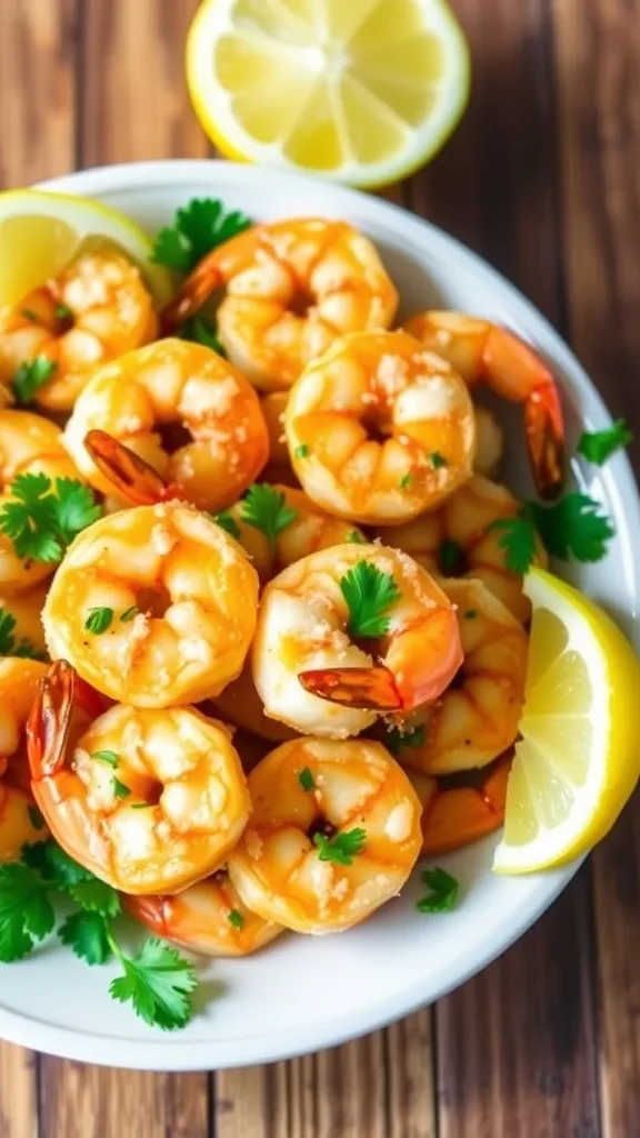 Air Fryer Garlic Parmesan Shrimp Recipe Golden-brown air fryer garlic parmesan shrimp garnished with parsley and lemon wedges on a rustic table.