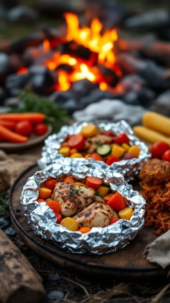 Campfire foil pack chicken with seasonal vegetables cooking over an open fire.
