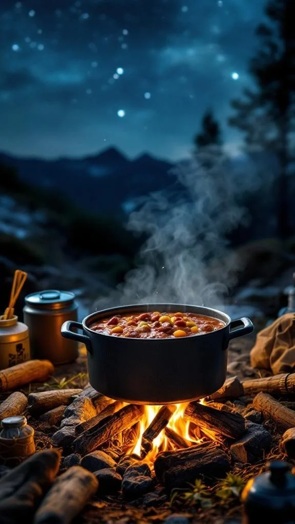 A pot of beef chili simmering over a campfire at night, surrounded by nature.