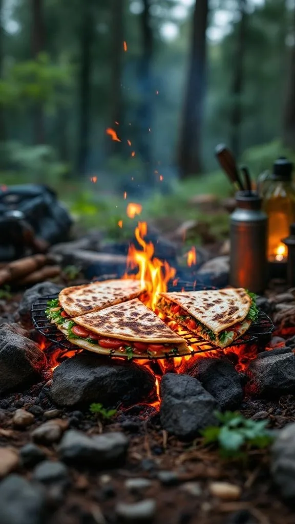 Vegetarian quesadillas cooking over a campfire surrounded by nature.