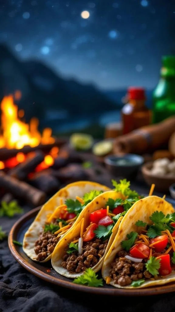 Campfire tacos with ground beef, topped with cheese, tomatoes, and cilantro, with a fire in the background under a starry sky.