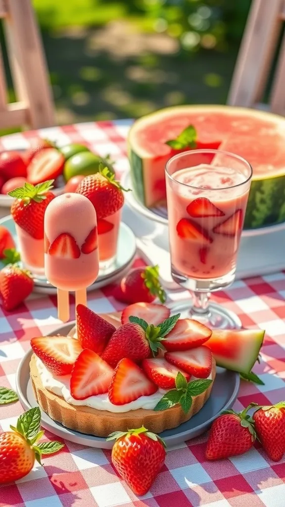A vibrant summer dessert spread featuring strawberry pops, watermelon pie, and fresh strawberries on a picnic table.