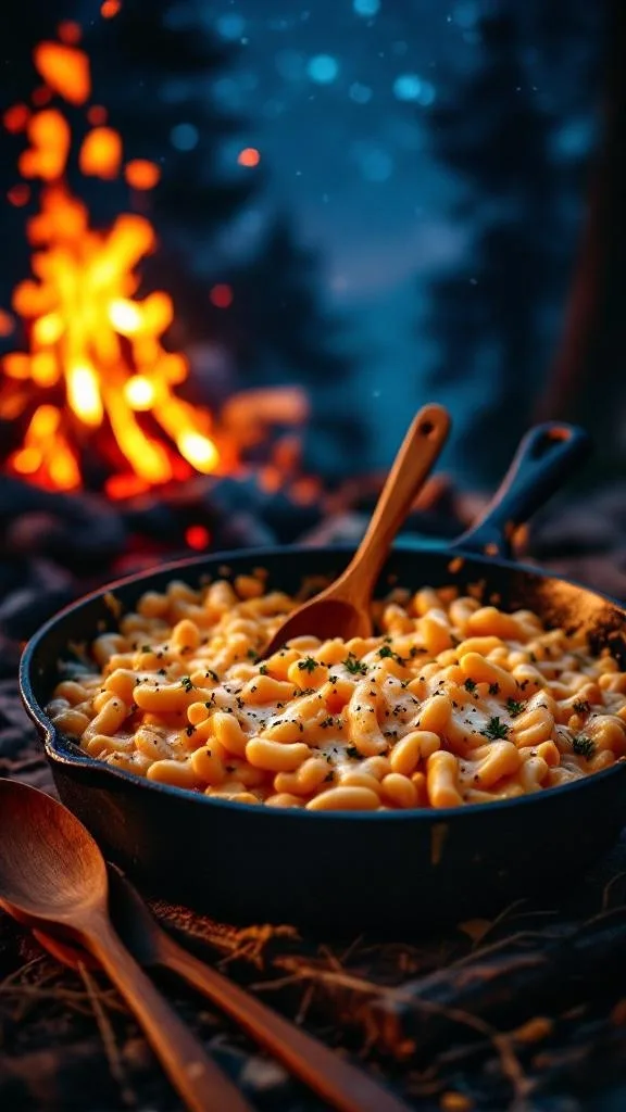 A skillet of cheesy mac and cheese by a campfire, with wooden spoons beside it.