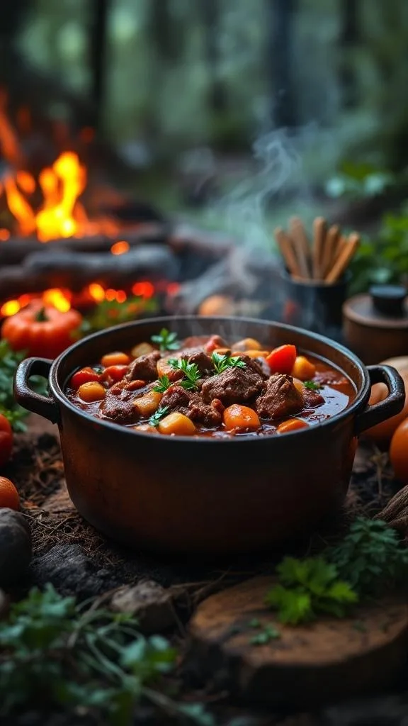 A hearty beef stew in a Dutch oven, simmering over a campfire surrounded by nature.