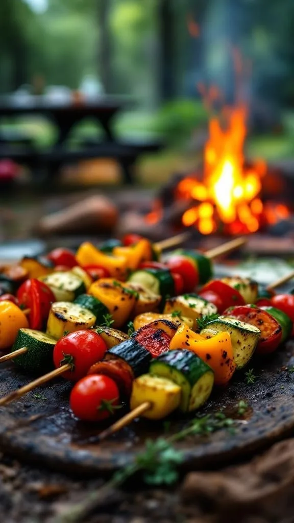 Grilled vegetable kabobs with colorful vegetables on skewers, set against a campfire background.