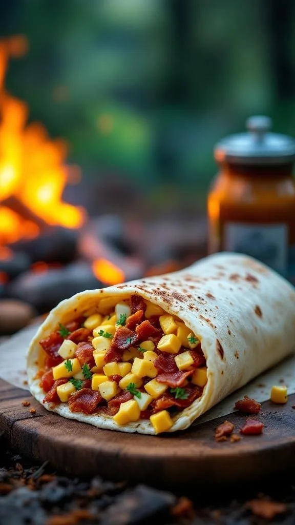 A delicious breakfast burrito filled with eggs, bacon, and cheese, set against a campfire backdrop.